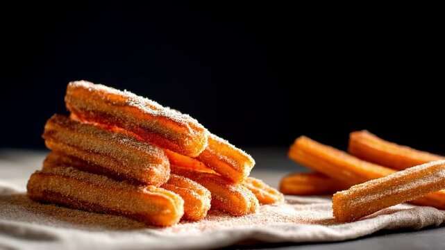 Golden churros being dusted with cinnamon sugar in soft light. Static camera. 4K.
