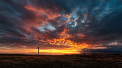 Obraz premium Striking Sunset over a Field with the Cross Silhouette. The Sky Radiates Warm and Cold Hues in a Beautiful Display of Nature's Art