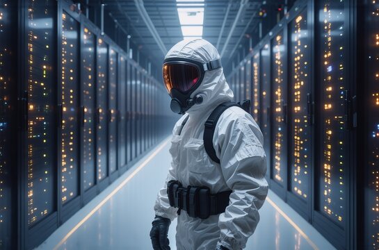 Image: A figure, in a white protective suit and respirator mask, stands in a server room with bright lights. It is a futuristic, high-tech, industrial setting.