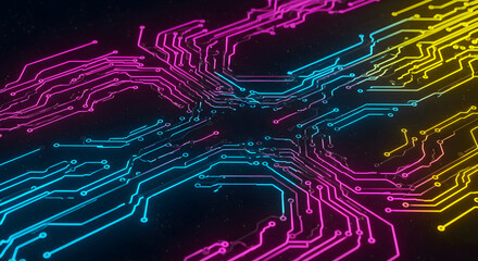 Neon Circuit Board Design With Glowing Connections For Advanced Technologies