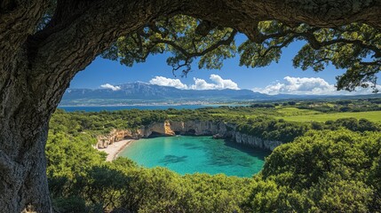 Coastal bay framed by a tree canopy.  Tranquil turquoise water, lush greenery, and distant mountains