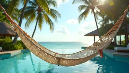 A hammock suspended above a pool, ideal for summer relaxation and enjoying the view on a sunny day