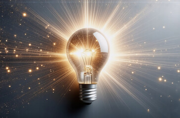 A clear light bulb radiates bright golden light beams on a dark speckled surface. The transparent bulb reveals a glowing filament emitting a powerful illumination.