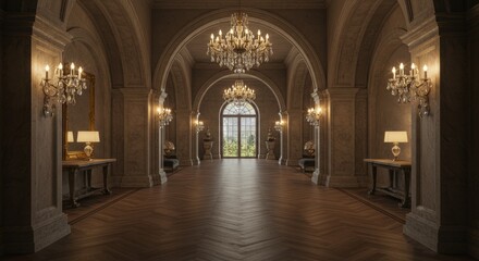 Obraz premium Elegant Hallway with Chandeliers and Arches