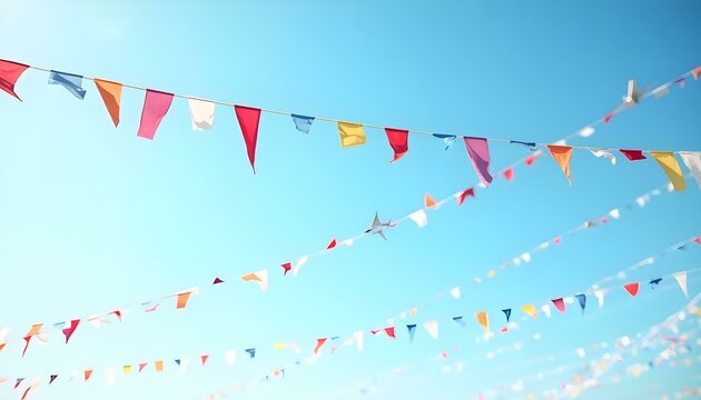 Festive bunting flags in various colors flying in the sky, perfect for summer celebrations and outdoor gatherings