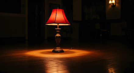 Glowing Red Lamp Illuminating A Dark Room With Wood Floor