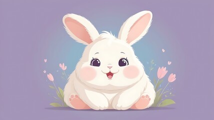 Fluffy chubby bunny, big ears, tiny paws, happy expression, vector art, pastel tones