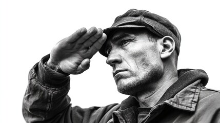 Grayscale close-up of a man in a cap saluting, showing respect or military acknowledgement in a simple yet impactful portrayal.