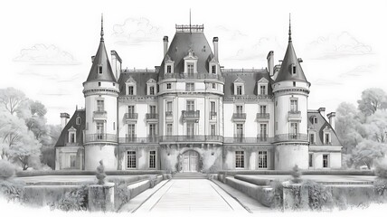 French château sketch, elegant and detailed, with towers and elaborate balconiesFrench château sketch, elegant and detailed, with towers and elaborate balconies