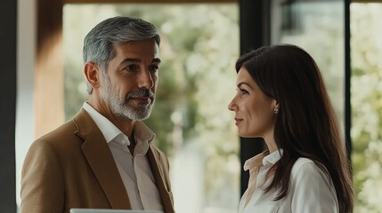 Mature Latin business man mentoring mid age European business woman discussing project on laptop in office. 