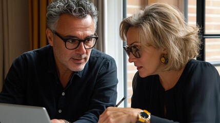 Mature Latin business man mentoring mid age European business woman discussing project on laptop in office. 