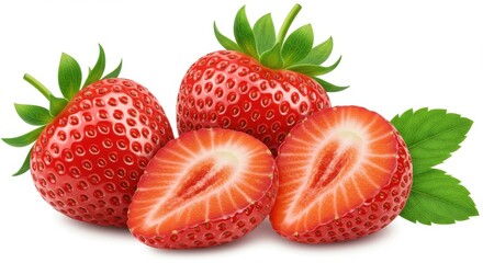 A group of strawberries including whole and halved ones with green leaves on a white background closeup