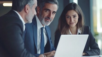 Mature Latin business man mentoring mid age European business woman discussing project on laptop in office. 