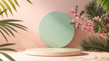 3D podium with tropical leaves and flowers on a green and pastel peach background. product mockups