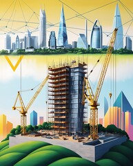 Naklejka premium Futuristic Skyscraper Under Construction with Cranes, Surrounded by a Dynamic Cityscape and Geometric Elements. Representing Urban Growth, Innovation, and Modern Architecture in a Digital Art Style.