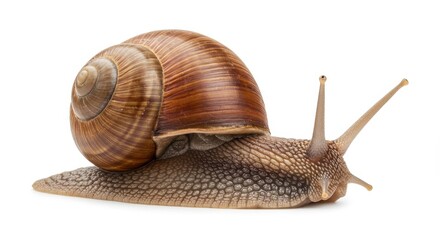 Close up of a garden snail with a brown shell crawling on a white surface in a studio shot view