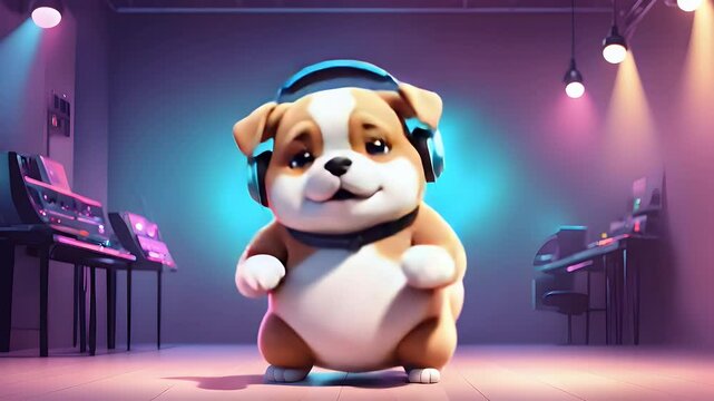 A cute cartoon puppy wearing headphones and dancing in a studio.