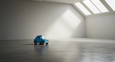 Minimalist Render Of Blue Toy Car In A Modern White Room With Skylights