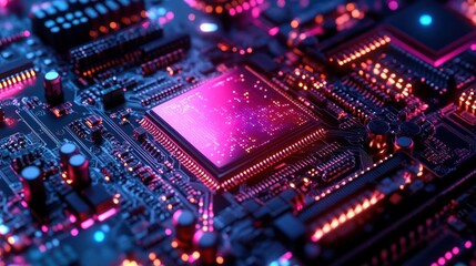 Obraz premium Illuminated motherboard, showcasing the vibrant core of future technology