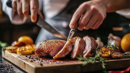 Duck Breast Cut by Chef on Cutting Board