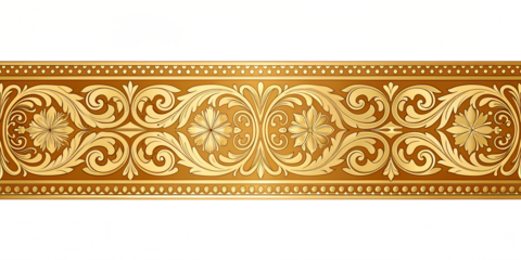 Wide Ornate Golden Decorative Panel with Floral Pattern Isolated on Transparent Background