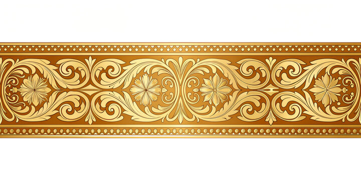 Wide Ornate Golden Decorative Panel with Floral Pattern Isolated on Transparent Background