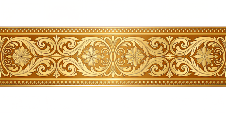 Wide Ornate Golden Decorative Panel with Floral Pattern Isolated on Transparent Background