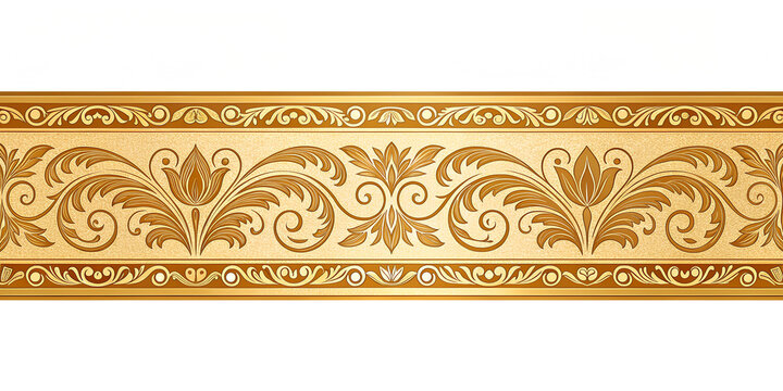Fototapeta Ornate Golden Decorative Border with Floral and Leaf Pattern Isolated on Transparent Background