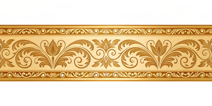 Ornate Golden Decorative Border with Floral and Leaf Pattern Isolated on Transparent Background