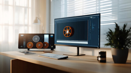 indie film editing station with old film reels and monitor,