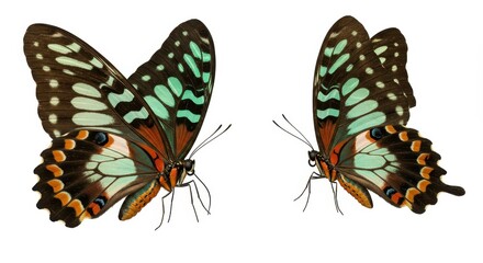 Two graphium agamemnon butterflies facing each other on a white background with detailed wing patterns