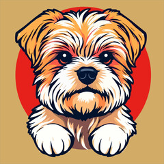 Close-up illustration of a Maltese dog logo designed with a warm