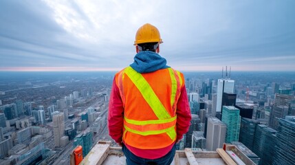 Construction Worker Overlooking City Skyline at Dusk