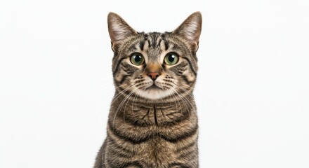 Close up portrait of a tabby cat with green eyes looking directly at the camera on white background