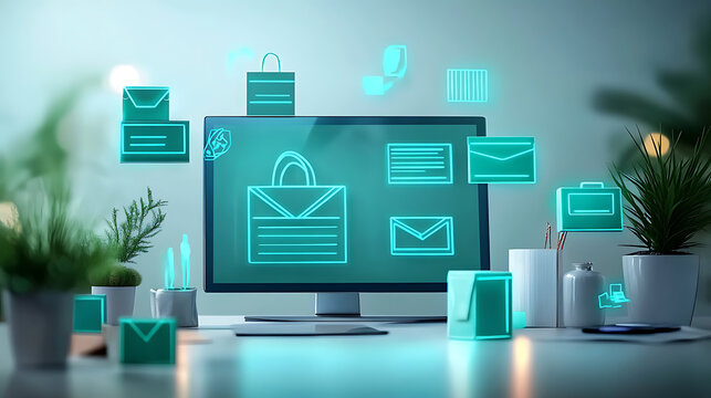 Digital communication security office workspace graphic design modern environment front view technology concept