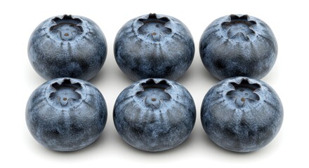Obraz premium A close up shot of six blueberries arranged in two rows on a plain white surface with good lighting