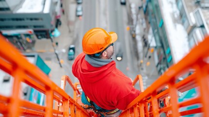 Worker on High Ladder Overlooking Urban Street from Above