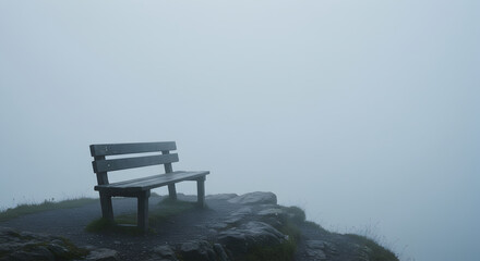 Bench At Mountain Peak Covered In Fog Offering Solitude And Contemplation