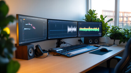 Naklejka premium indie podcast editing suite with multiple monitors and audio waveforms,