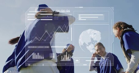 Female baseball players lifting caps under blue sky, interacting with animated sports analytics HUD - Powered by Adobe