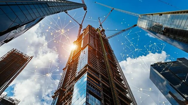 Dynamic shot of ongoing high rise construction with digital network overlay