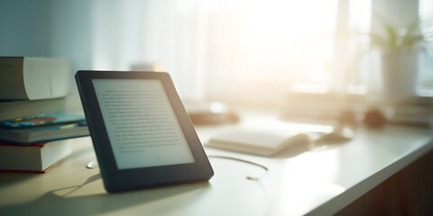 minimalist desk with e-reader and soft morning light,