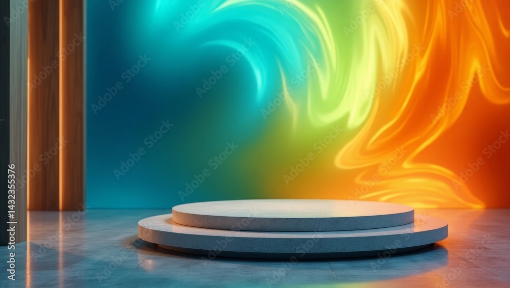 Sticker abstract podium presentation with swirling vibrant color background design
