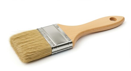 A close up shot of a paint brush with light brown bristles and a wooden handle on a white background