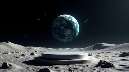 A Surreal Depiction of Earth Rising Above a Lunar Landscape with Meteor Showers