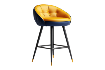 A blue and yellow bar stool sits isolated on transparent background
