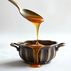 Honey dripping from a spoon into a container on a white background, low angle perspective,  with generative ai