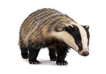 Naklejka premium Close up studio shot of a badger with black and white stripes on its face and brown striped fur body