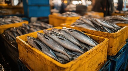 Freshly caught fish displayed in yellow crates at a bustling seafood market