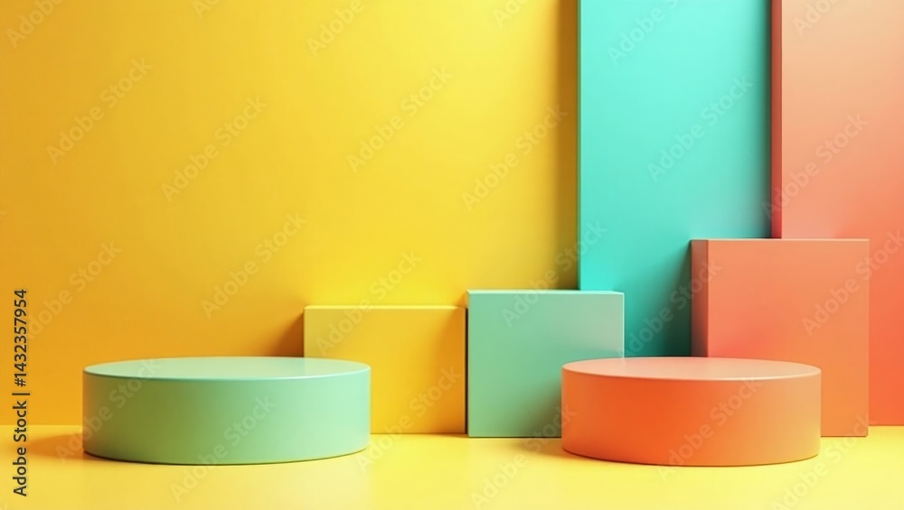 Sticker geometric composition of colorful elements with podiums for product presentation
